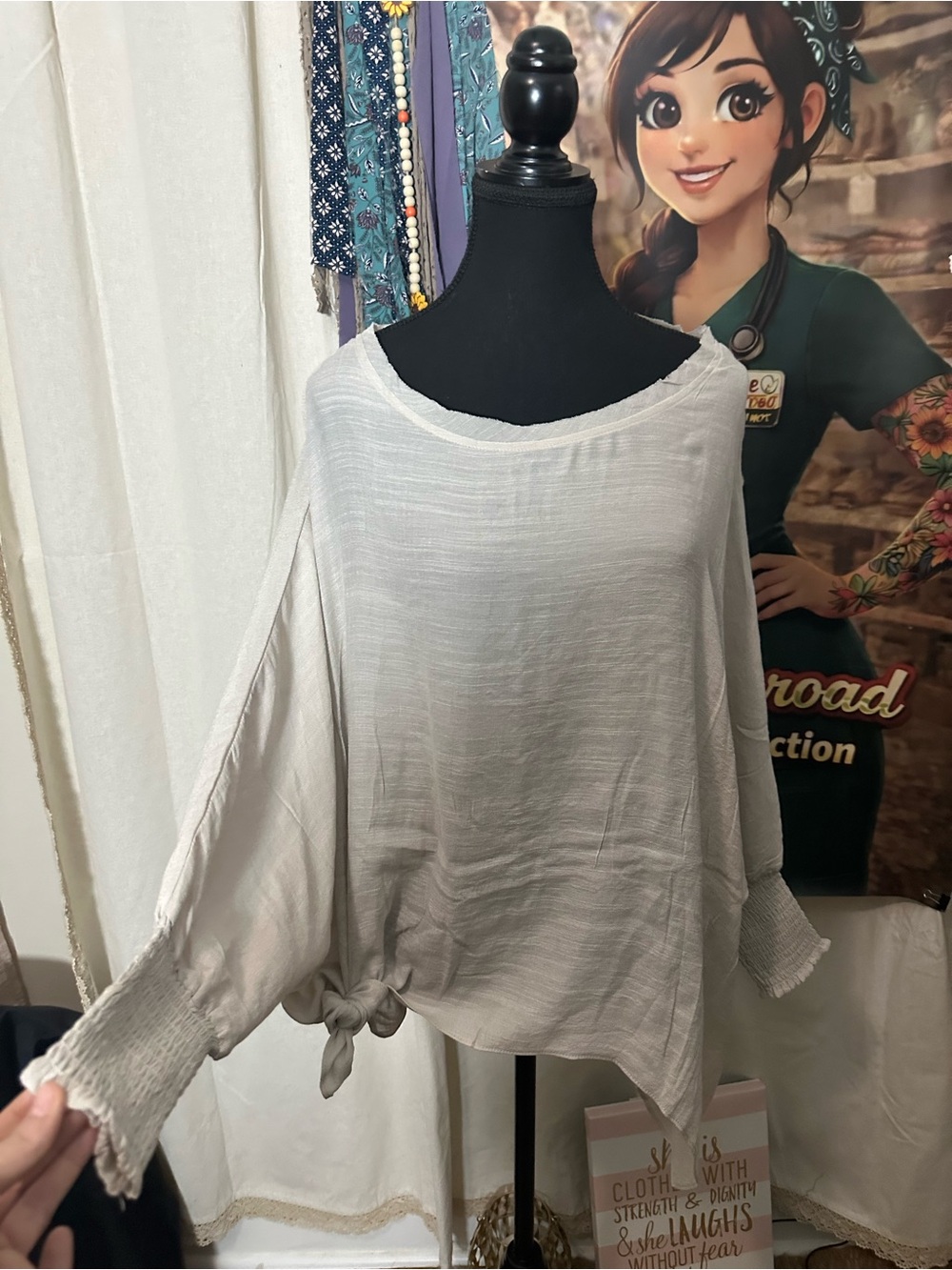 Lightweight Cream Boatneck Women's Top w/smocked cuffs-Casual Everyday Layering